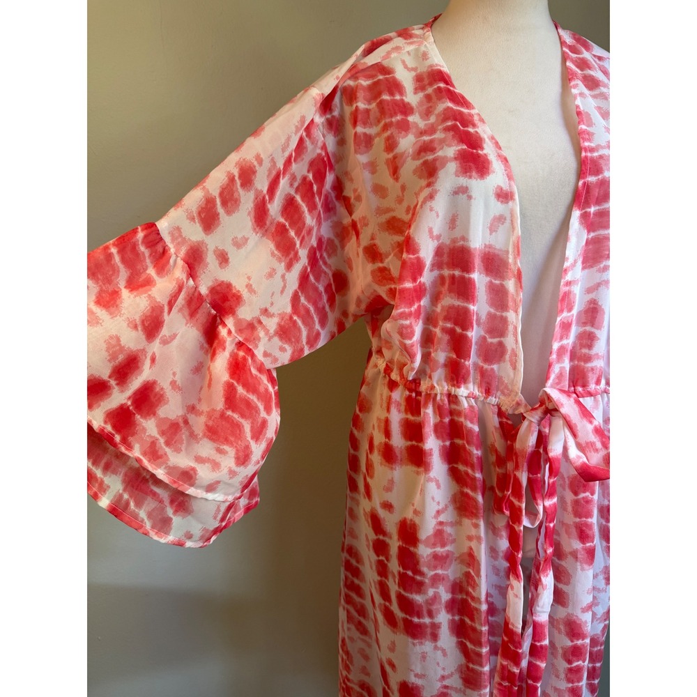 Pink White Tie Dye Kimono Duster Ruffle maxi coverup sheer beach resort tiedye y - Picture 2 of 7